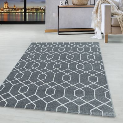 Kurzflor Cable Design Teppich Wohnzimmerteppich Zopf Muster Linien Soft Grau