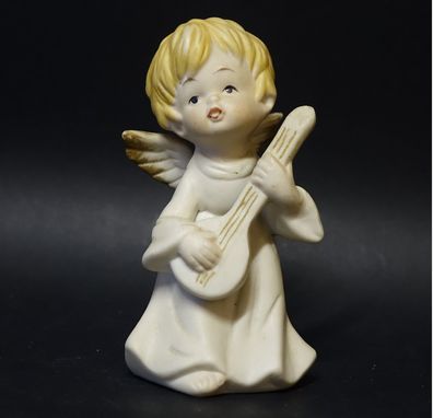 Alte Retro Porzellan Hand bemalte Geflügel Engel Figur mit Gitarre Statue Skulptur