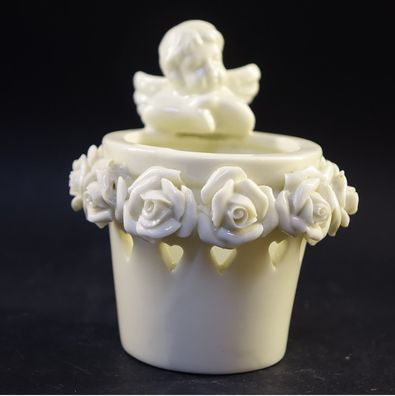 Shabby Porzellan Teelichterhalter mit Geflügel Engel, Herzen und Blumen Handarbeit