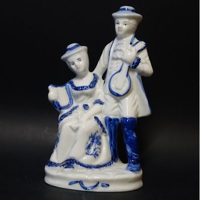 Alte Retro Porzellan Figur Frau & Mann mit Rokoko Kleid, Harfe & Gitarre Hand bemalt