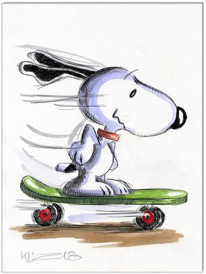 Klausewitz: Original Feder und Aquarell : Peanuts Snoopy Skater / 24x32 cm
