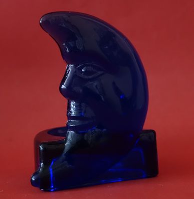 Shabby Glas Teelichterhalter mit Halbmond Gesicht Blau