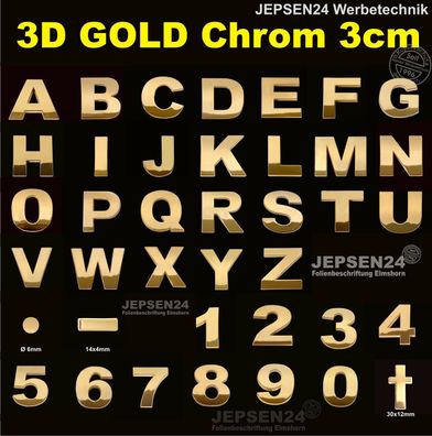 10 Stück 3D GOLD Chrombuchstaben zum aufkleben 3cm - 10 Zeichen z.B. SPORT COUPE