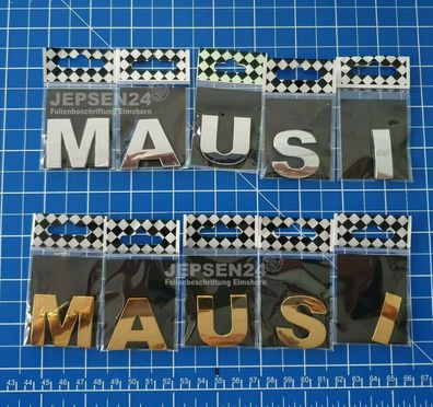 MAUSI 3D Chrombuchstaben zum aufkleben 3cm - 5 Zeichen in Chrom Silber oder Gold