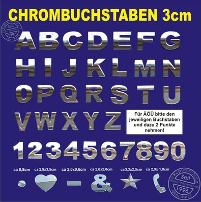 3 Stück in 3D Chrombuchstaben zum aufkleben 3cm - 1x kaufen = 3 Zeichen z.B. V12