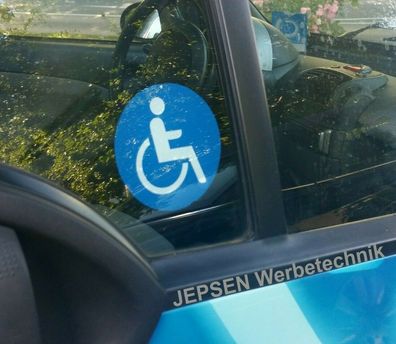 Rollstuhlfahrer / Behindert Auto Aufkleber 10cm Rund - innen an Fenster ankleben