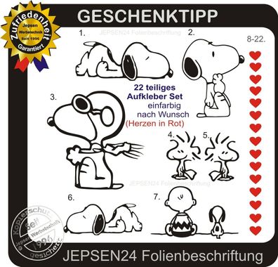 22 Aufkleber Snoopy Charly Woodstock Herzen in Wunschfarbe Set G2 Geschenk Tipp