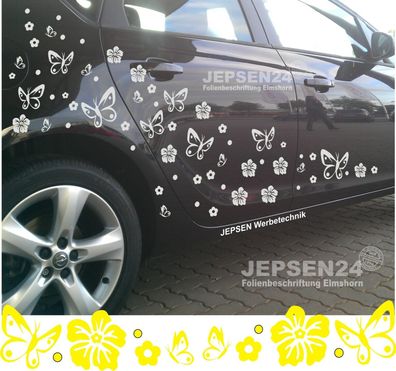 Auto Aufkleber Hibiskus Schmetterlinge - 62 teiliges Blumen Set C32d Farbwahl