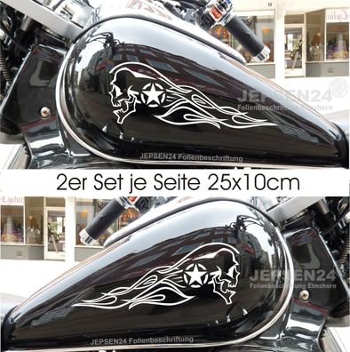 Motorrad Aufkleber Scull Totenkopf Flame 2er Set 2 - 25cm Stern Farbwahl