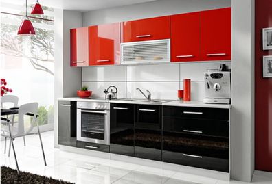 Küche Küchenzeile rot schwarz Glanz 260cm individuell stellbar Küchenblock