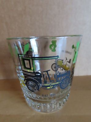 Whiskyglas mit alten Autos als Druck / Fiat 1901-Oldsmobile 1910