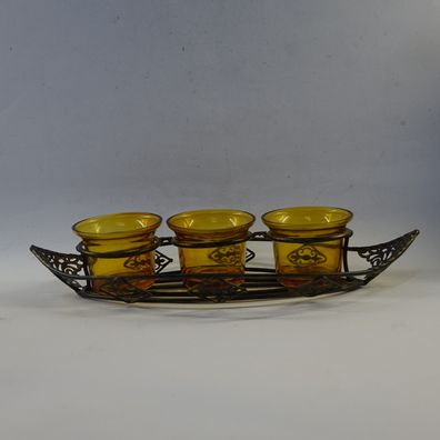 Shabby 3er Glas Teelichterhalter mit Metall Schiff in Bronze Farbe Sehr Dekorativ