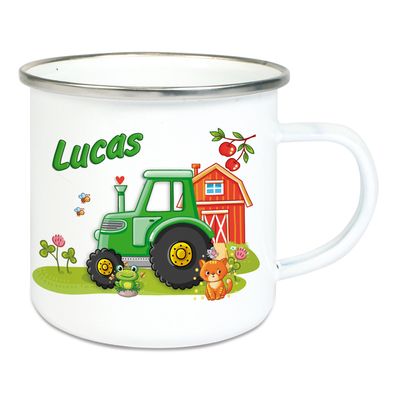 Emaille Tasse mit Name für Kinder, Traktor, Becher Bauernhof, Geburtstag Emailletasse