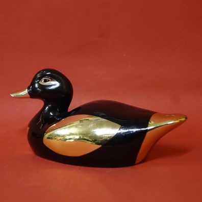 Ausgefallene Wunderschöne Shabby Keramik Figur Ente Vogel Goldmalerei Schwarz Farbe