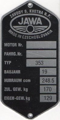 Jawa Typenschild Typ 353, Alu, Blanko, Neu, Motorrad, Oldtimer