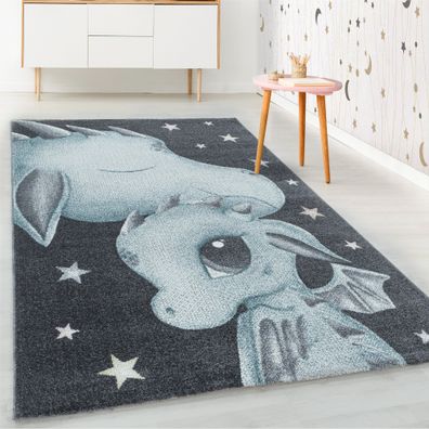 Kurzflor Kinderteppich Blau Drachen Baby Saurier Design Kinderzimmer Teppich