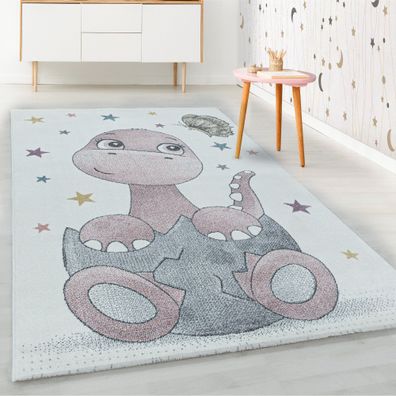 Kurzflor Kinderteppich Rosa Dino Baby Saurier Design Kinderzimmer Teppich Weich
