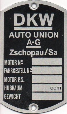 Typenschild DKW Auto Union Zschoppau, Alu, Blanko, Neu, Oldtimer
