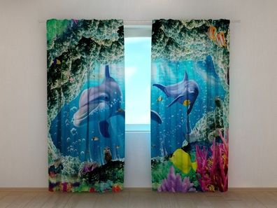 Fotogardine Delfine im Ozean, Fotovorhang mit Motiv, Digitaldruck, Gardine auf Maß