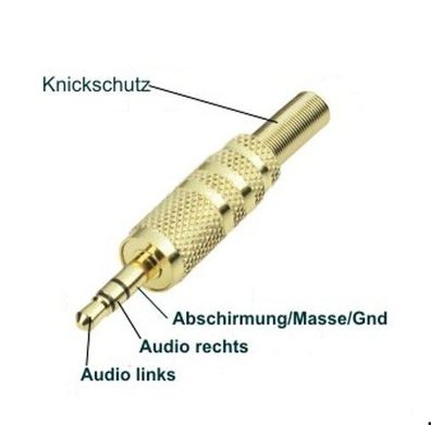 Klinkenstecker 3.5mm, 3-polig, Stereo. Lötanschluss vergoldet, Metall Knickschutz