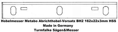 2 Stück Hobelmesser Metabo Abrichthobel-Vorsatz BH2 162x22x3mm HSS