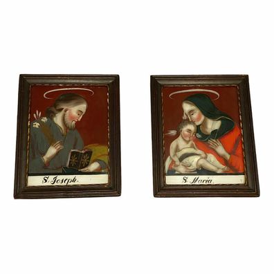 Nostalgie 2 x Hinterglasmalerei 18/19 Jhdt. Joseph & Maria 27 x 21.5 cm