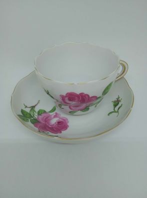 Meissen Kaffeetasse mit Untertasse rote Rose m. Goldrand 50254