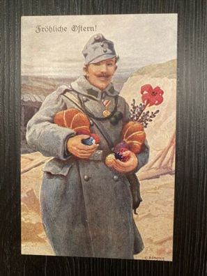 Ostern Fröhliche Soldat Abzeichen Uniform IWeltkrieg Künstlerkarte Benesch 80138