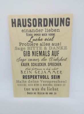 Holzpostkarte magnetisch Hausordnung Spruch s. Bild 14x10 Birkenholz 50292