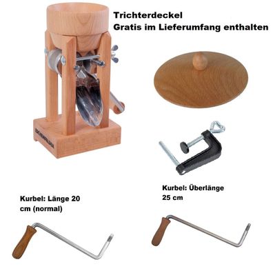 Eschenfelder Kornquetsche Tischmodell + Trichterdeckel + Zwinge + Kurbel + Bürste