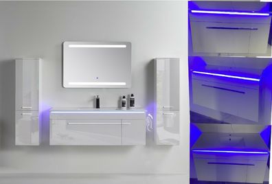 Badmöbel Set 5 Teilig 90 cm Hochglanz Weiß LED Spiegel Badezimmer Badschrank