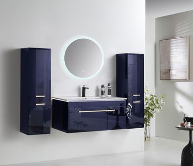 Badmöbel Set vormontiert Königsblau Hochglanz Badezimmermöbel 90cm 5tlg LED