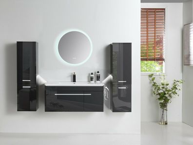 Badmöbel Set montiert Schwarz Hochglanz Badezimmermöbel 90cm 5tlg LED Badschrank