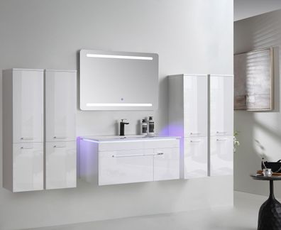 Badmöbel Set 210 cm Weiß Hochglanz Lackiert Komplett Badschrank 8 Tlg LED