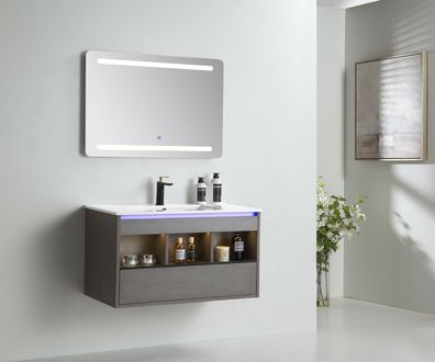 Badmöbel Set montiert Grau Badezimmermöbel 90cm LED Spiegel Badset 3 Teilig