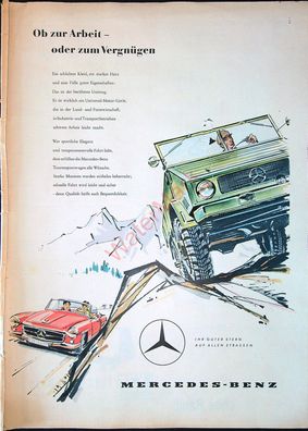 Originale alte Reklame Werbung Mercedes Benz Unimog + SL v. 1958 Größe 37 x 27 cm