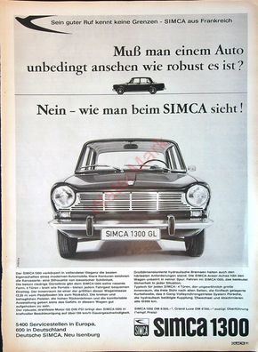 Originale alte Reklame Werbung Simca 1300 v. 1965 Größe 36 x 26 cm