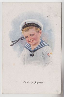46904 Ak Deutsche Jugend Kind mit Mütze S.M.S. Hindenburg 1917
