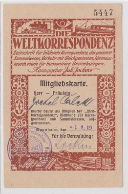 60345 Mitgliedskarte Weltkorrespondenz und Sammelwesen Mannheim 1919