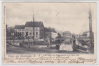 67856 Ak Gruß aus Buxtehude Hafen mit Festungsturm vom Jahre 1559