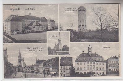 68275 Mehrbild Ak Burgstädt Centralschule, Wasserturm, Kirche, Rathaus 1915