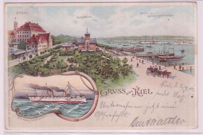 75231 Ak Lithographie Gruß aus Kiel Schloss, Hafen und Landungsbrücke usw. 1901