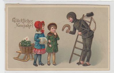 61425 Glückliches Neujahr Präge Ak 2 Kinder mit Schornsteinfeger 1915