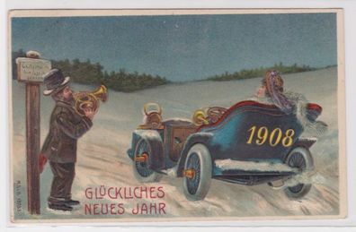 95446 geprägte Ak Glückliches neues Jahre 1908 - Mann mit Horn und Frau im Auto