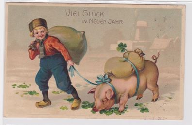 95834 geprägte Ak Viel Glück im neuen Jahr Junge mit Schwein und Geldsack 1912