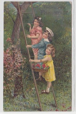 11463 Fröhliches Pfingstfest Ak 3 Kinder stehen auf Leiter 1908
