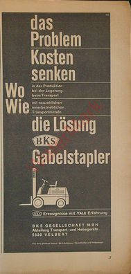 Originale alte Reklame Werbung Gabelstapler BKS v. 1965 Größe 29 x 14 cm