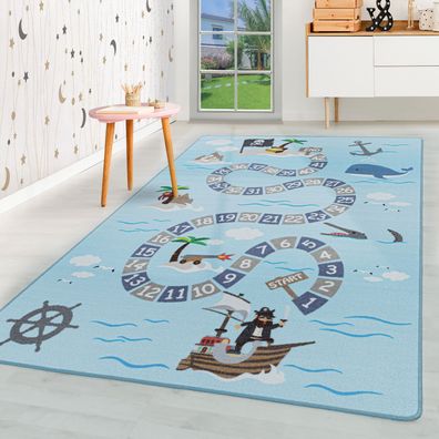 Kurzflor Kinderteppich Kinderzimmer Teppich Spielteppich Seefahrt Piraten Blau