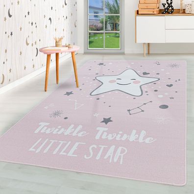 Kurzflor Kinderteppich Kinderzimmer Teppich Spielteppich Motiv Baby Stern pink