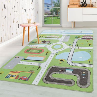 Kurzflor Kinderteppich Kinderzimmer Teppich Spiel Motiv Straße Verkehr Grün